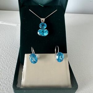 Blue Topaz Pendant and Earrings 14kt WG